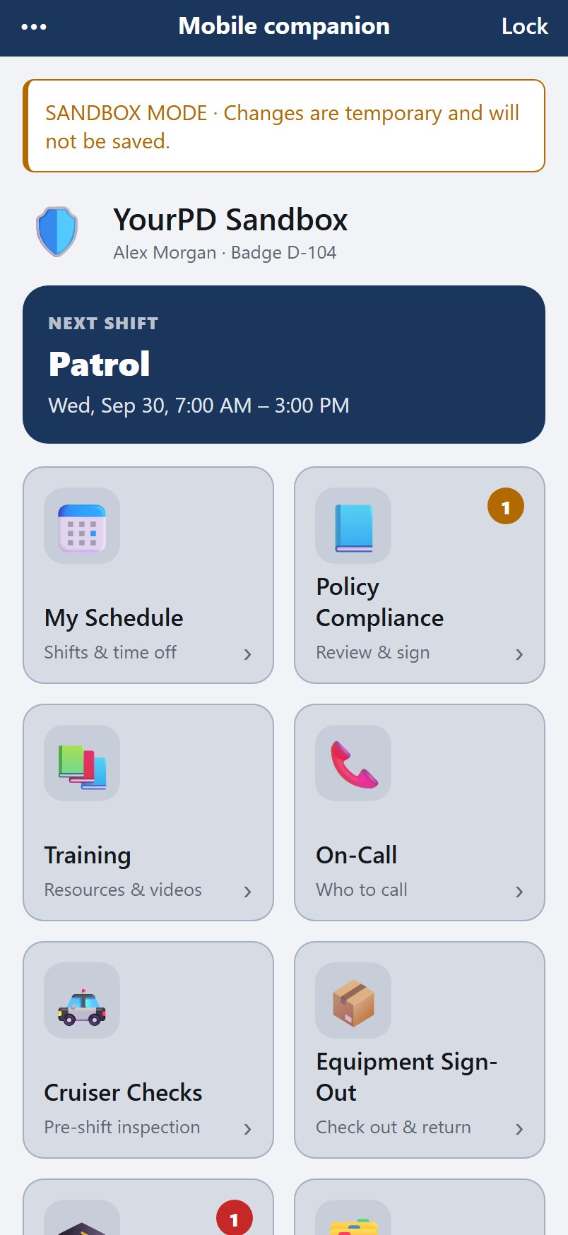 Home screen with the next shift and a tile for each tool