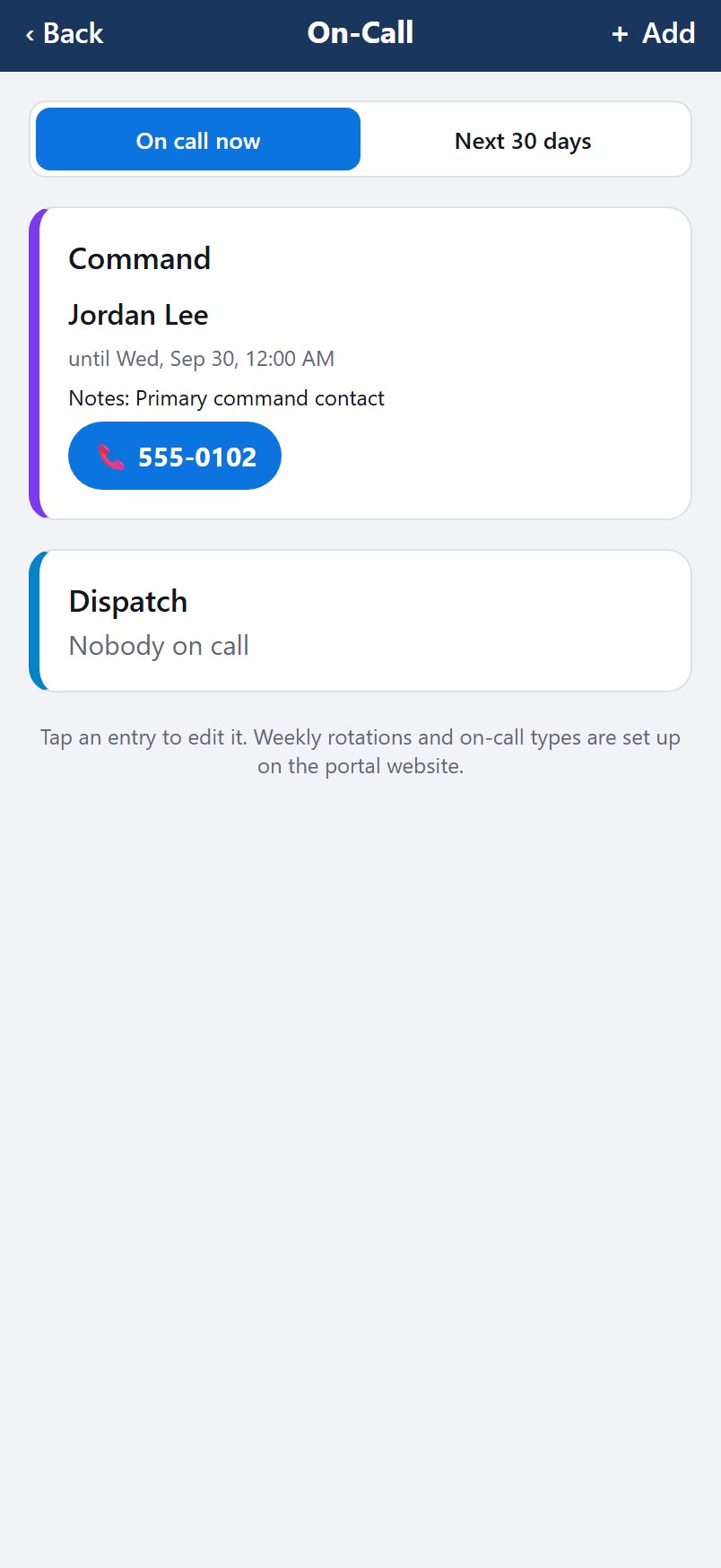Who is on call now, with a tap-to-call number