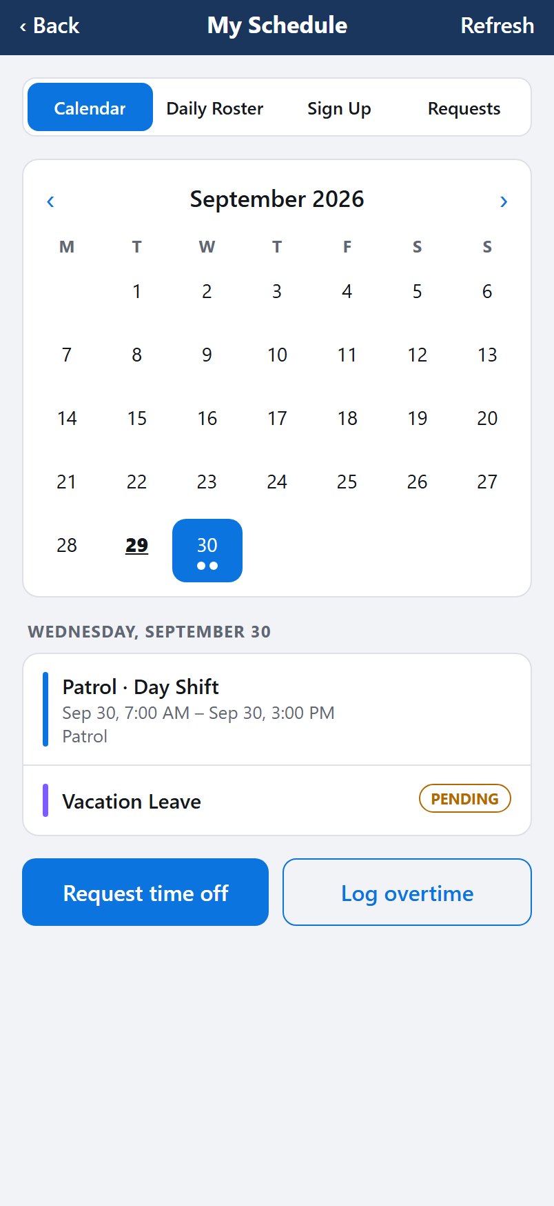 My Schedule calendar with a shift and a pending vacation request
