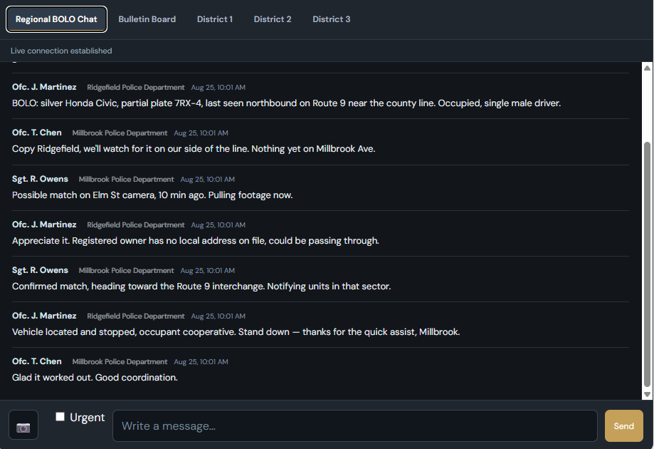 Regional BOLO Chat showing a live cross-agency coordination thread between two departments